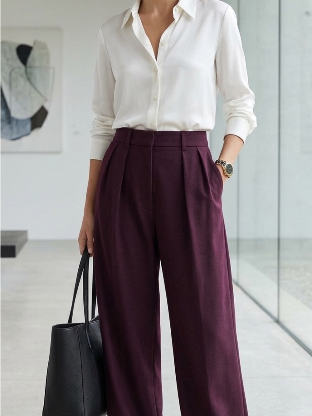 Wide Leg High-Waist Trousers in Deep Plum
